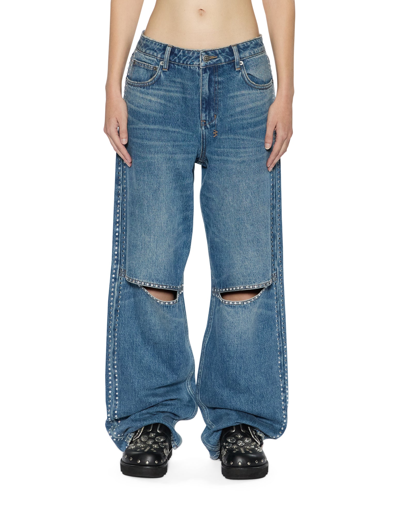 WOMENS LOW RIDER TEXAS BLUE STUDDED RELAXED DENIM JEANS