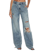 Womens Low Rider Tuck Frayed Baggy Denim Jeans - Denim