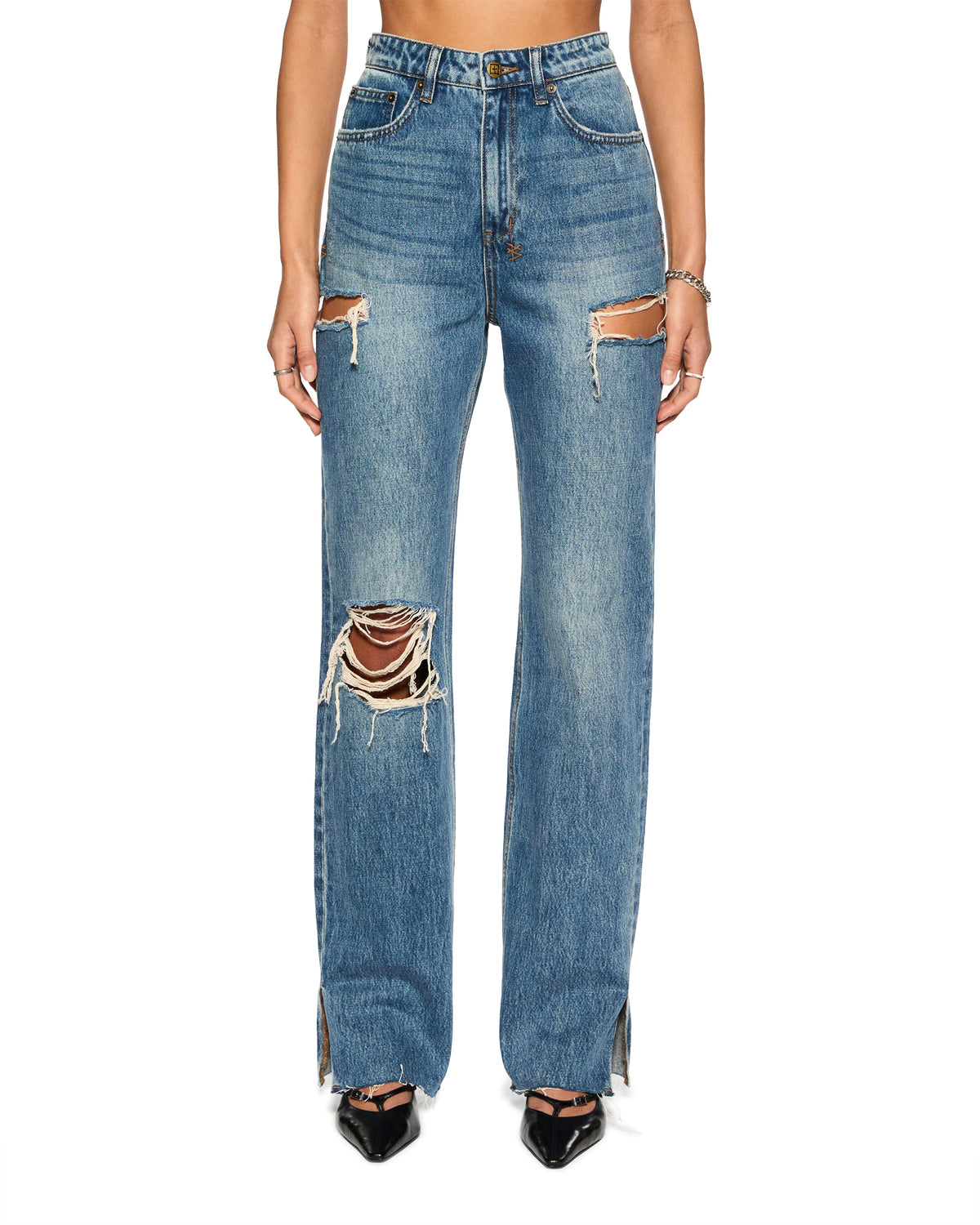Womens Playback Aged Kut Out Straight Denim Jeans - Denim
