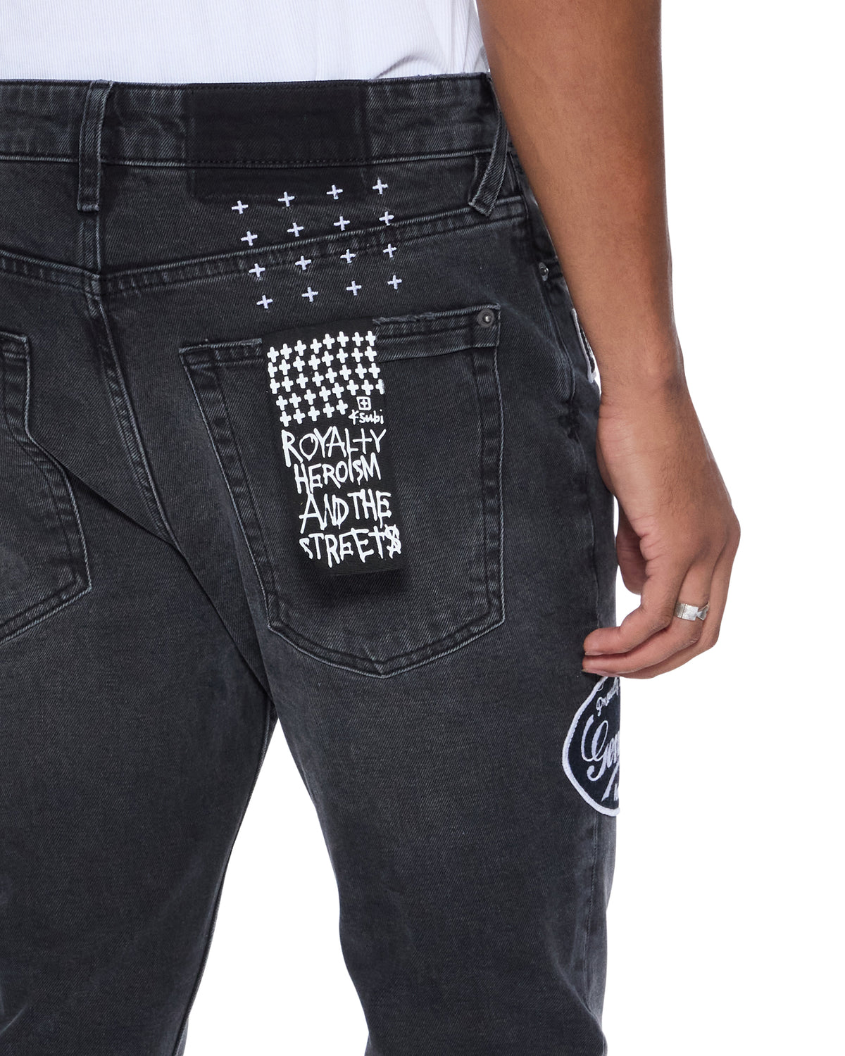 MENS VAN WINKLE ROADHOUSE BLACK PATCHED DENIM JEANS