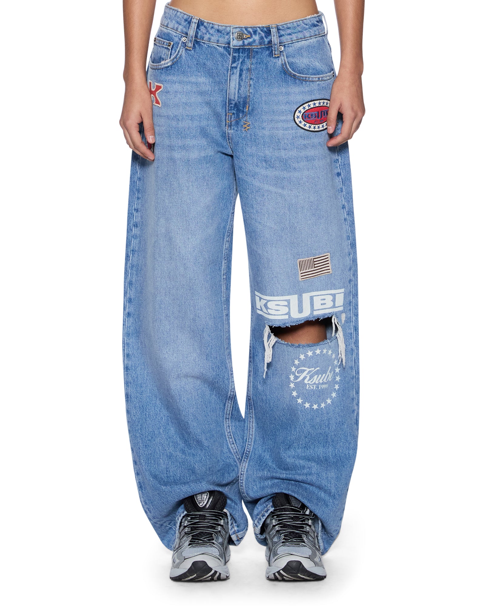 Womens Low Rider Horizon Garage Patches Relaxed Denim Jeans | Ksubi ++