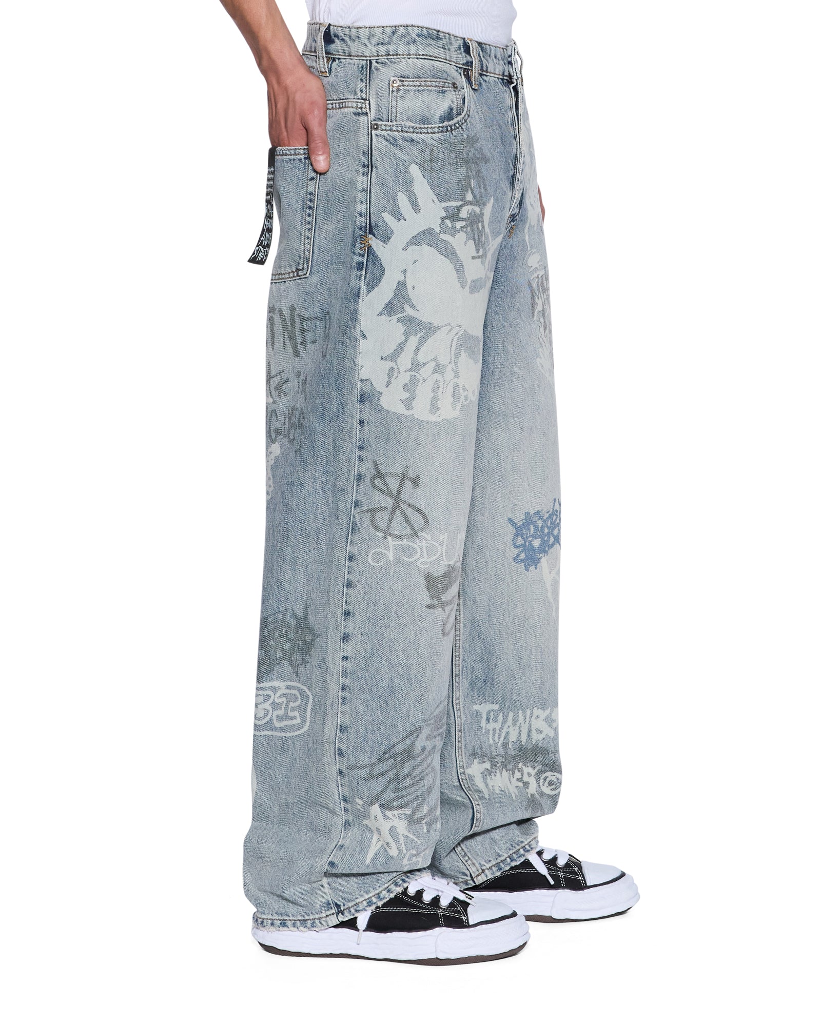 CRAZY Men's Hip Hop Graffiti POW Print Baggy Jeans – Relaxed Fit Denim, Size 34, Cotton, Embroidery Detail