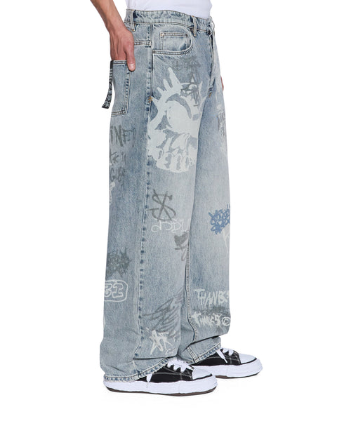 Mens Maxx Rogue Blue Graffiti Baggy Denim Jeans | Ksubi ++