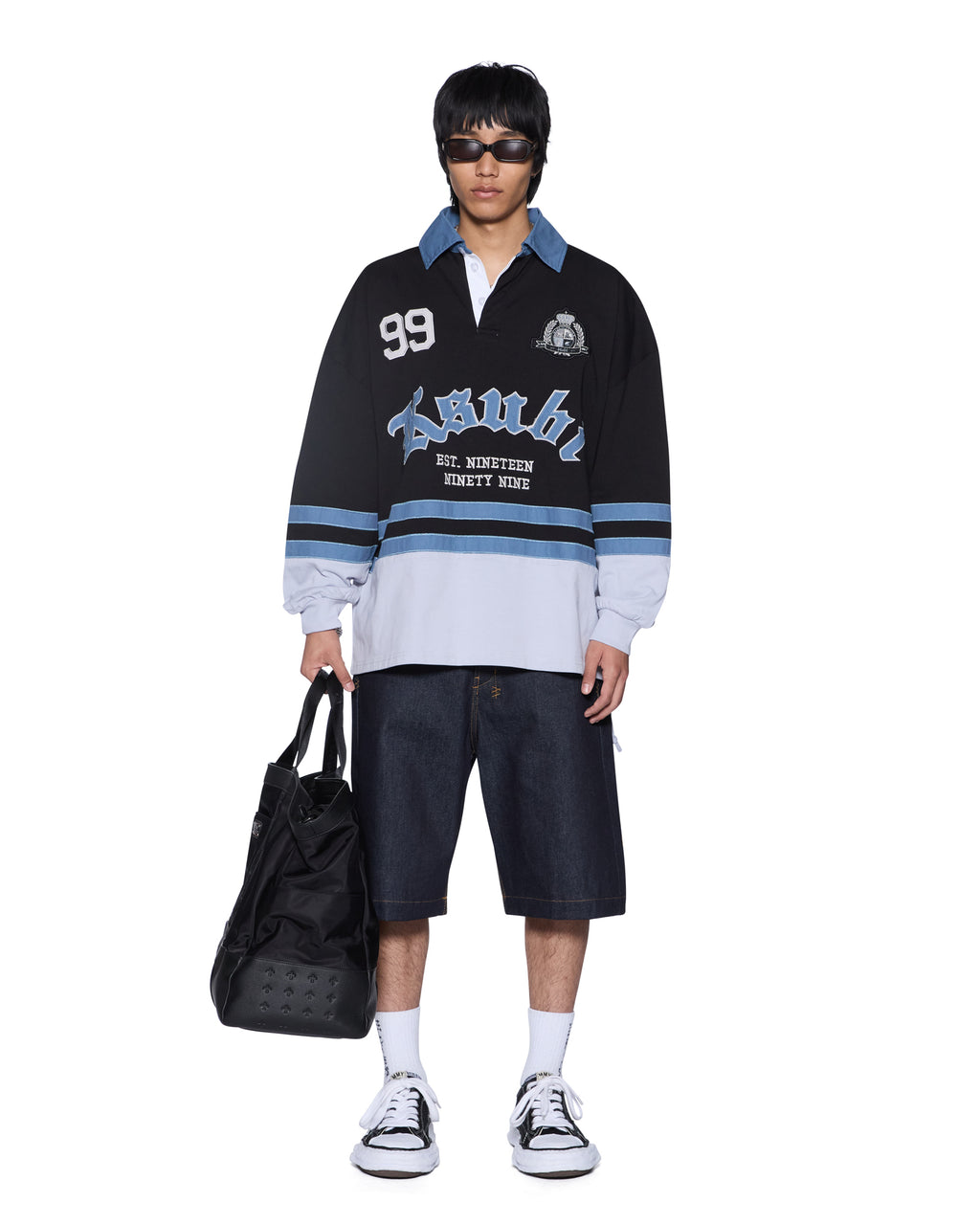 Mens Idol Ls Rugby Faded Black Relaxed Fashion Tops - Grey
