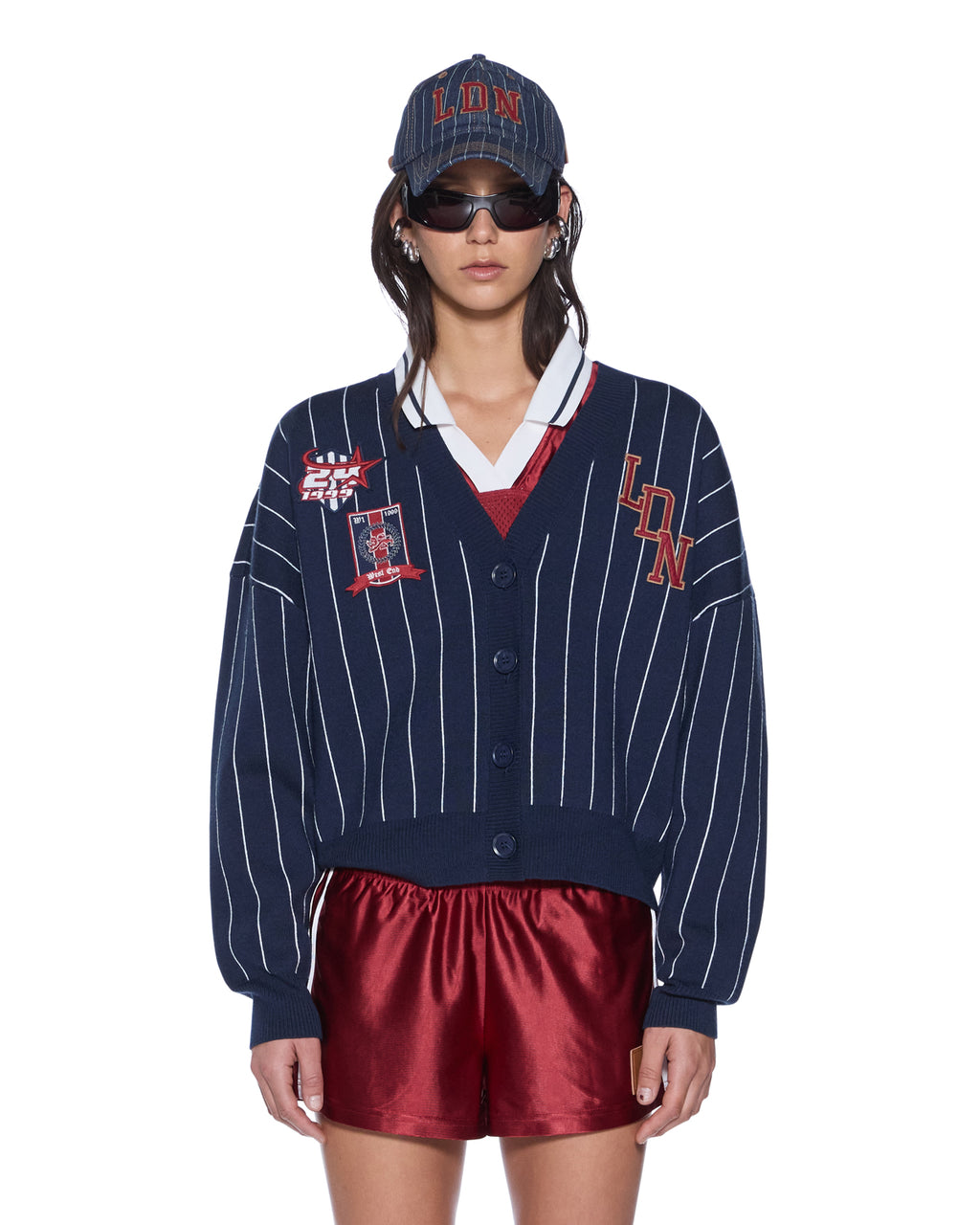 WOMENS DEAN CARDIGAN NAVY PINSTRIPE KNITWEAR