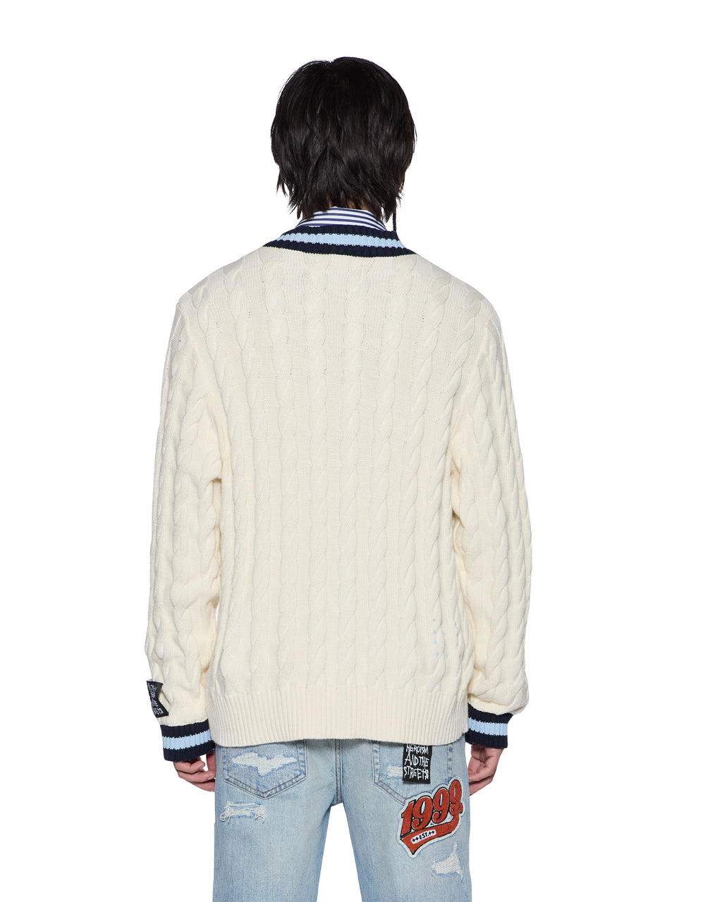 MENS PRINCETON CABLE KNIT V NECK VINTAGE WHITE KNITWEAR