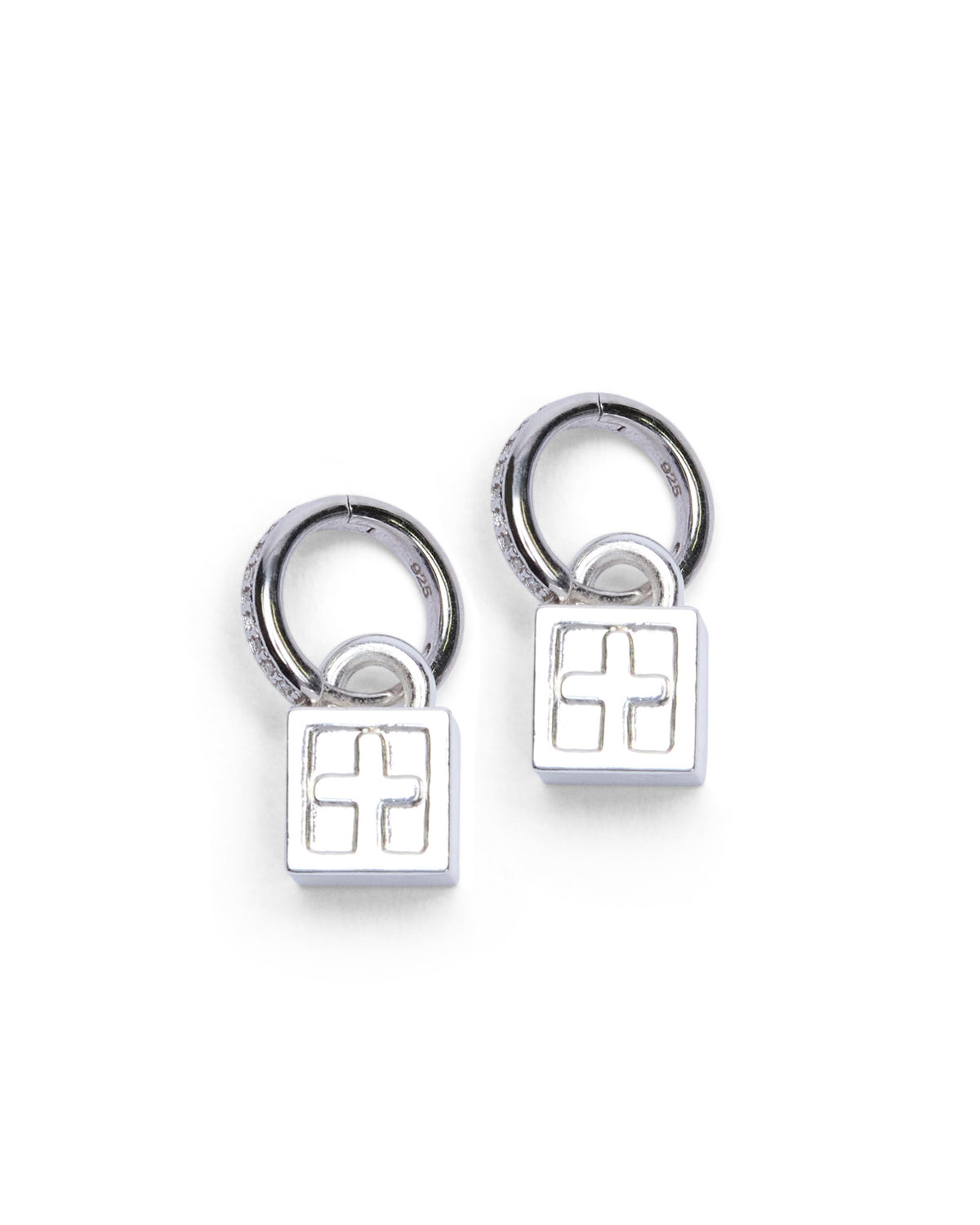 KRYSTAL BOX CROSS HUGGIE EARINGS SILVER