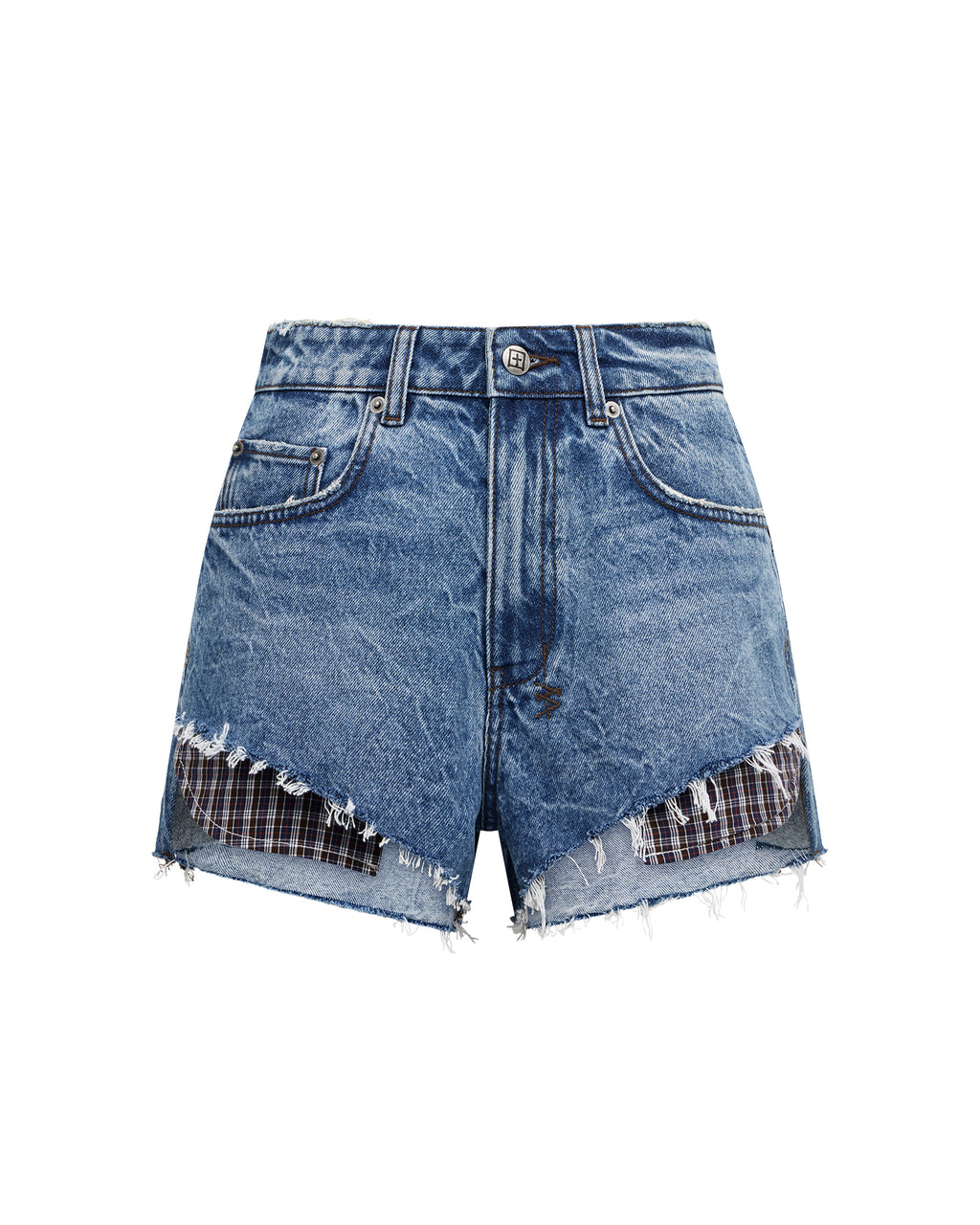 Womens Kut Off Denim Short Liberty Blue Plaid Relaxed Walkshorts - Denim