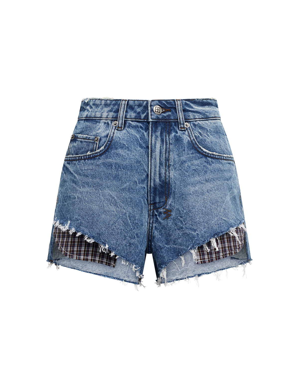 Womens Kut Off Denim Short Liberty Blue Plaid Relaxed Walkshorts - Denim