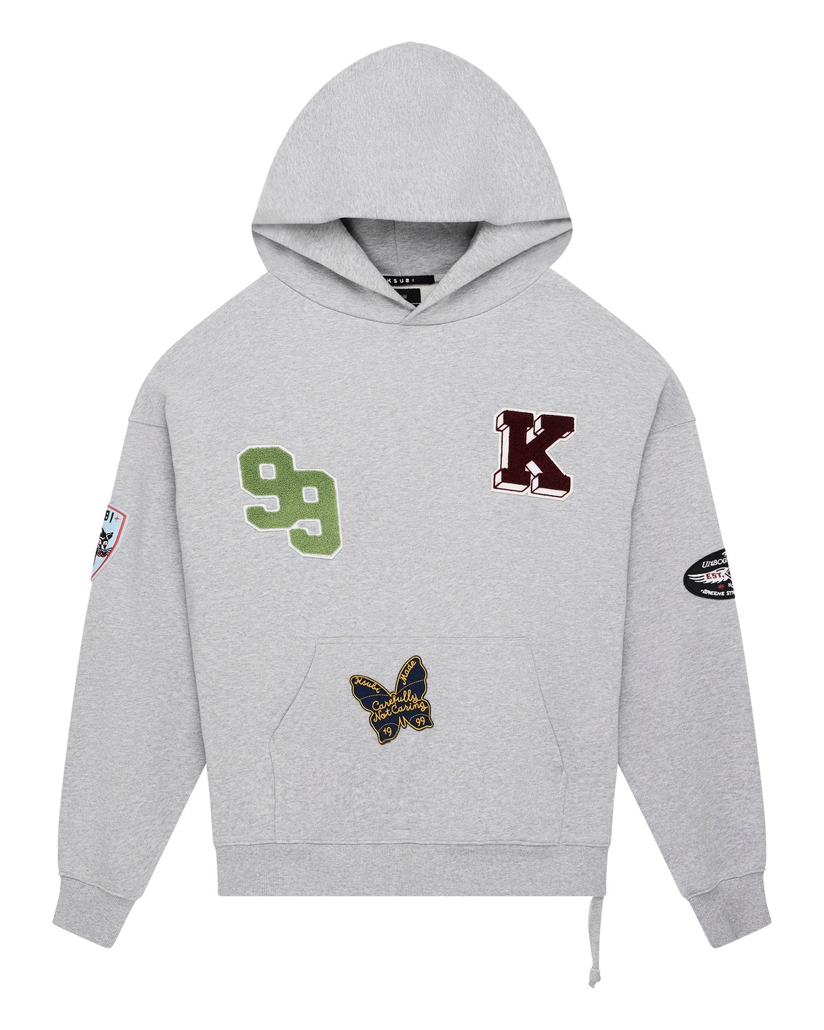 MENS PATCHED EKCESS HOODIE GREY MARLE FLEECE