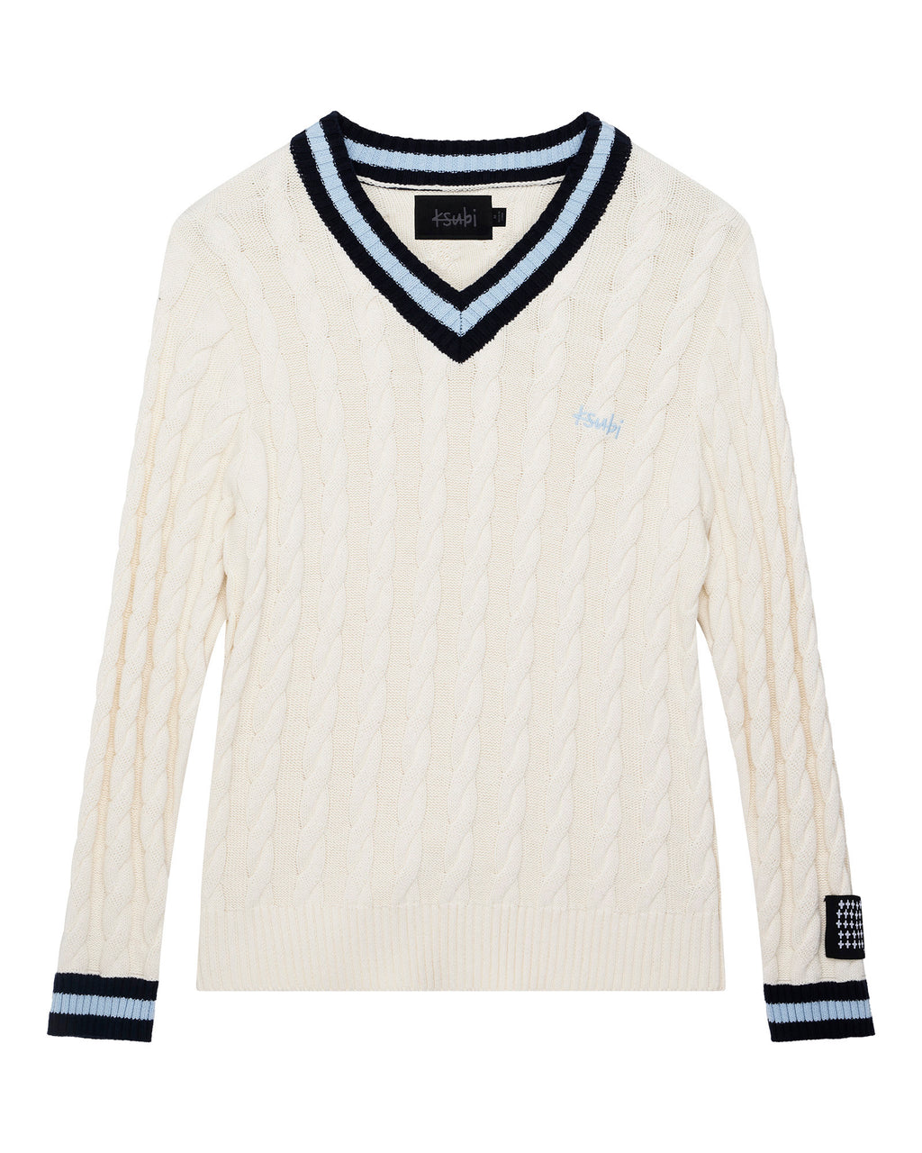 MENS PRINCETON CABLE KNIT V NECK VINTAGE WHITE KNITWEAR