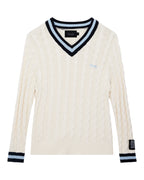 MENS PRINCETON CABLE KNIT V NECK VINTAGE WHITE KNITWEAR