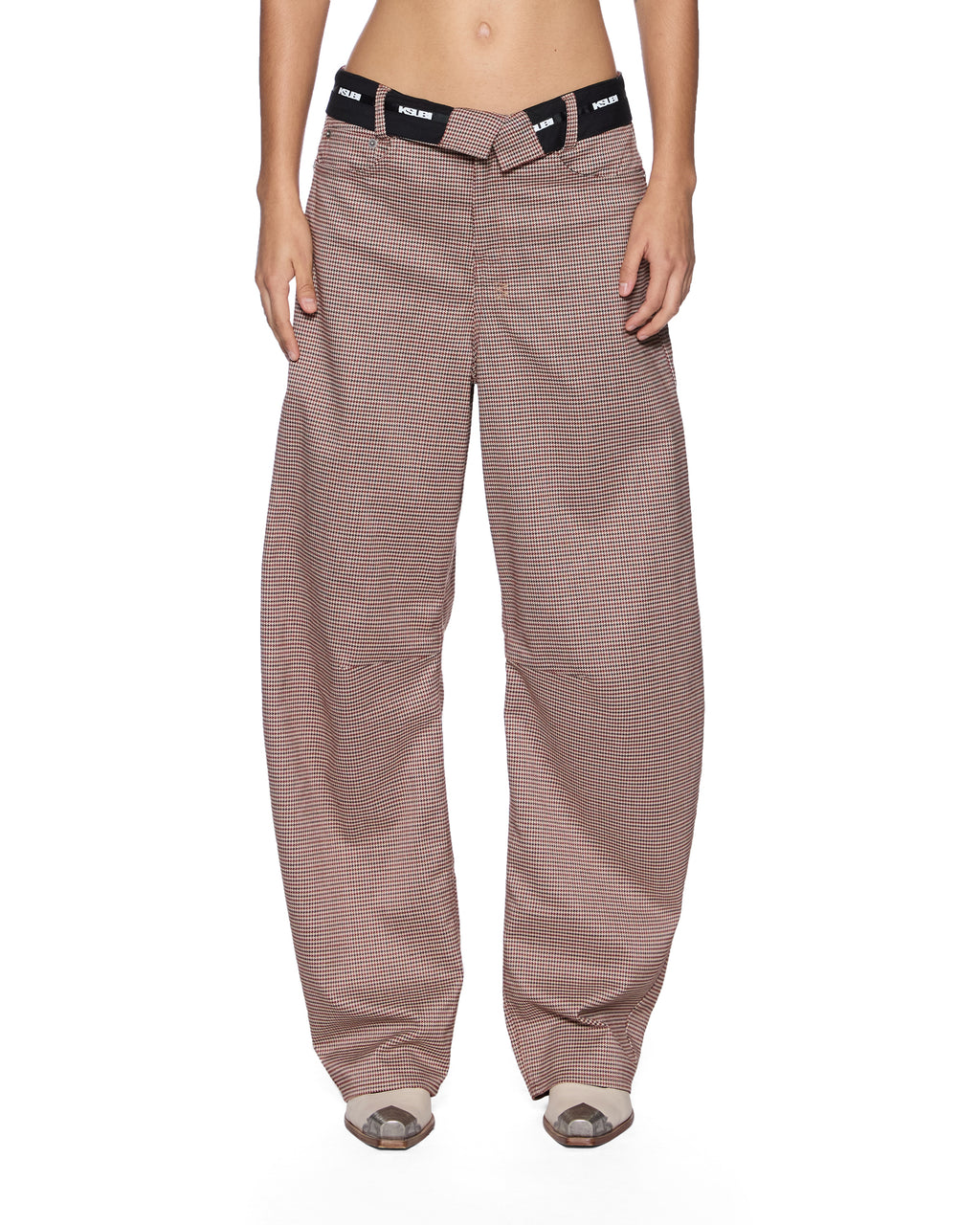 Womens Barrel Trouser Flip Houndstooth Barrel Leg Pants - Brown