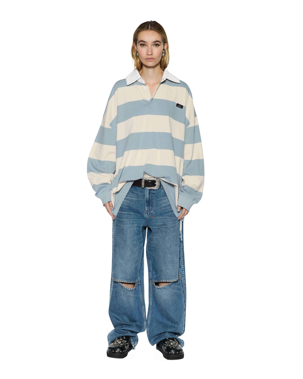 Womens Rugged Rugby Jersey Blue Steel Bone Relaxed Tees - Grey