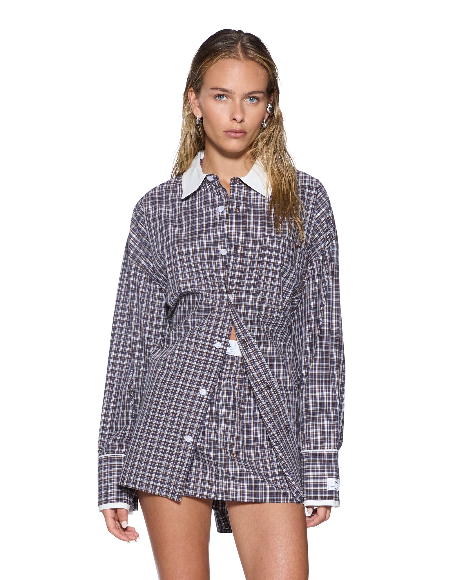 WOMENS ASTRA LS SHIRT WHITE PLAID OVERSIZED SHIRTS