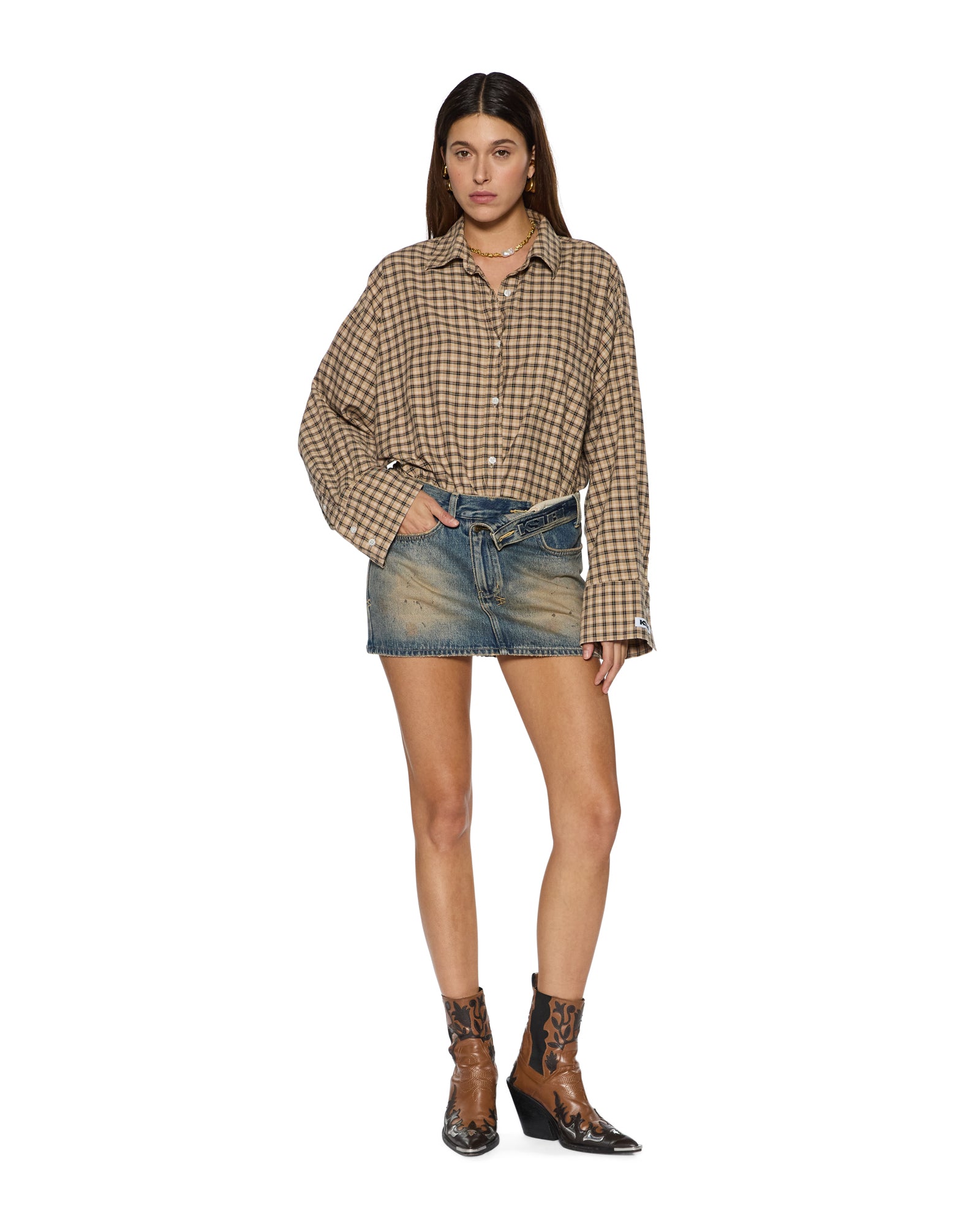 WOMENS  ASTRA LS SHIRT TAN PLAID OVERSIZED SHIRTS