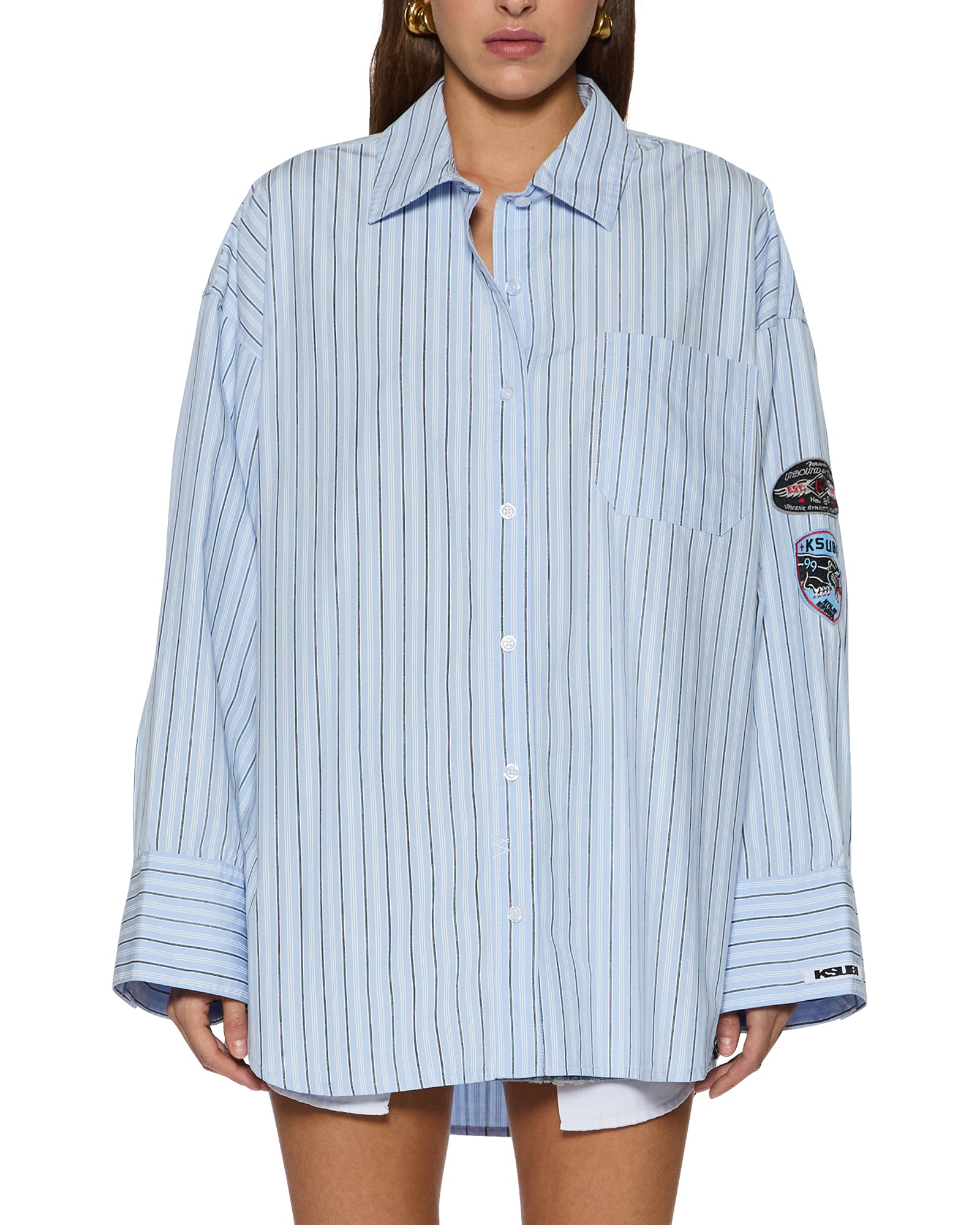 WOMENS  ASTRA LS SHIRT BLUE STRIPE BADGE OVERSIZED SHIRTS