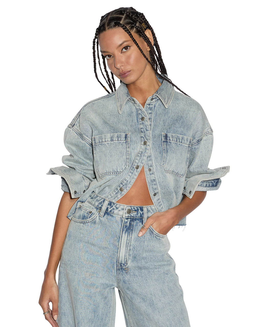 Womens Cutaway Ls Shirt Worn Cropped Shirts - Denim