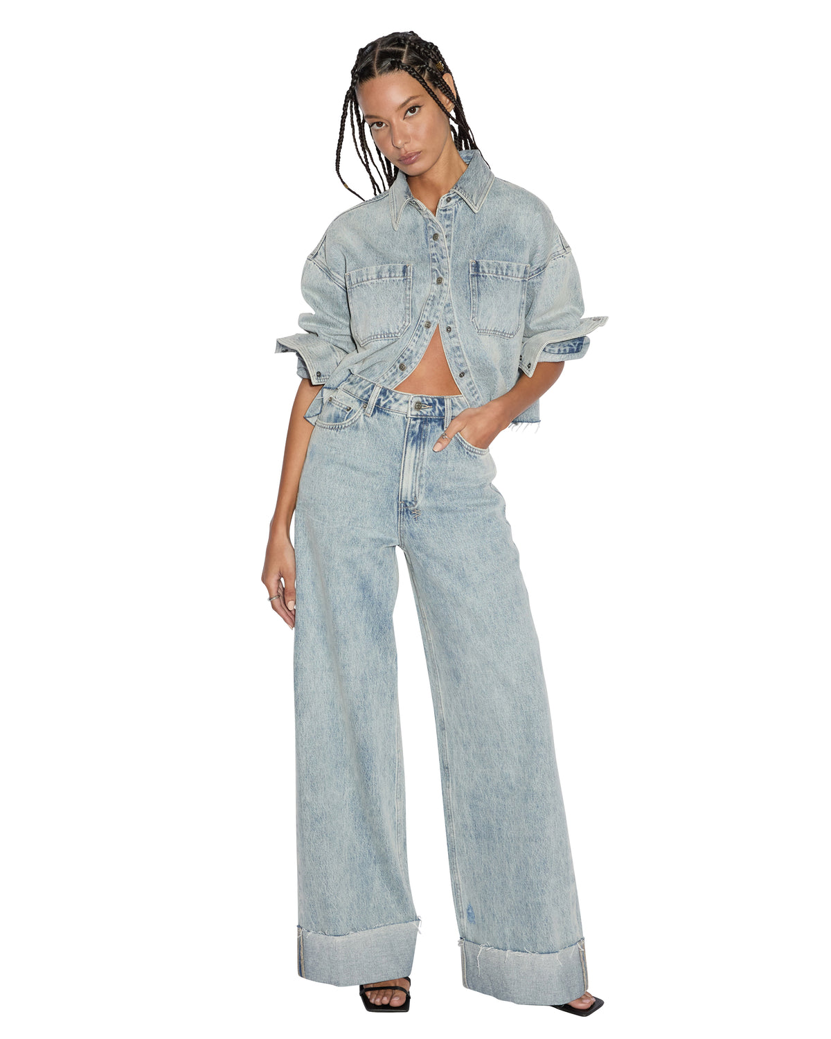 Womens Cutaway Ls Shirt Worn Cropped Shirts - Denim