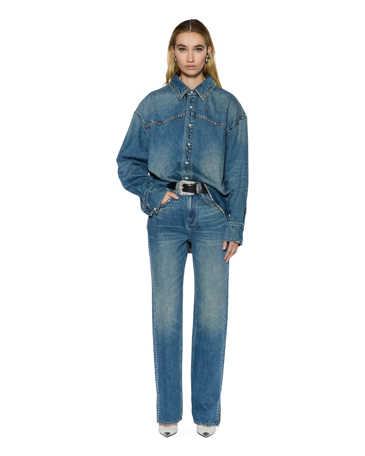 WOMENS PLAYBACK TEXAS BLUE STUDDED DENIM JEANS