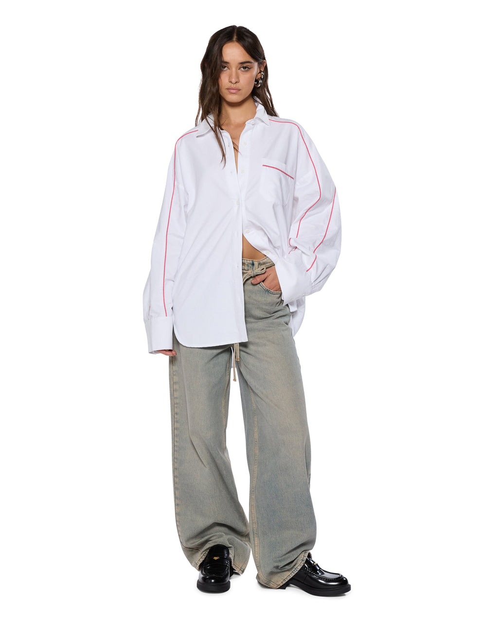 Womens Stinger Astra Ls Shirt White/red Oversized Shirts - White