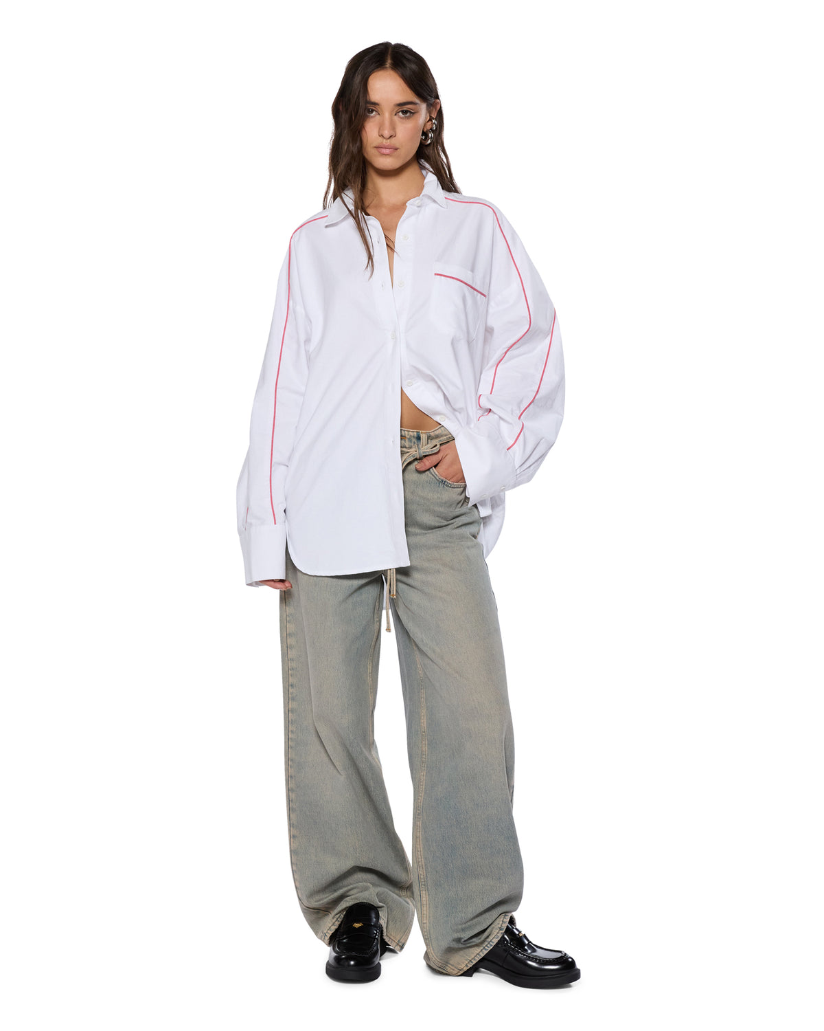 Womens Stinger Astra Ls Shirt White/red Oversized Shirts - White