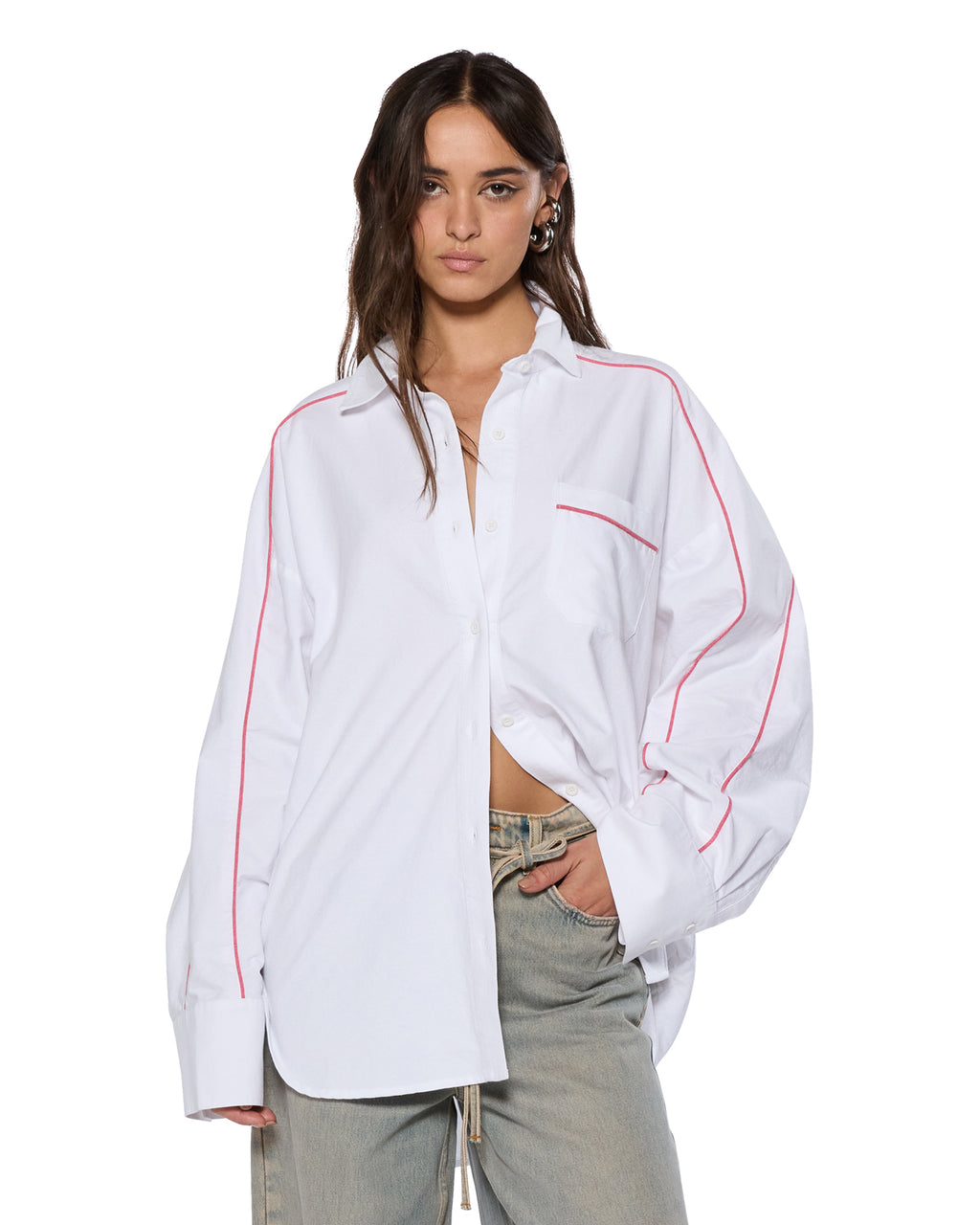 Womens Stinger Astra Ls Shirt White/red Oversized Shirts - White