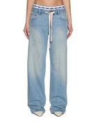 Womens Low Rider Boxer Traveller Blue Plaid Relaxed Denim Jeans - Denim
