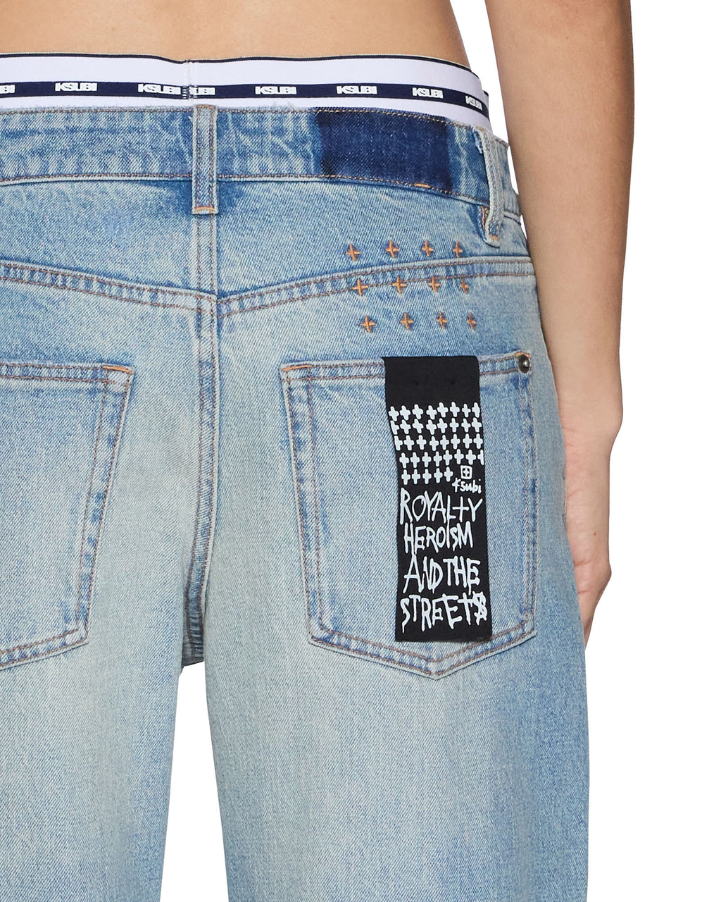 Womens Low Rider Boxer Traveller Blue Plaid Relaxed Denim Jeans - Denim