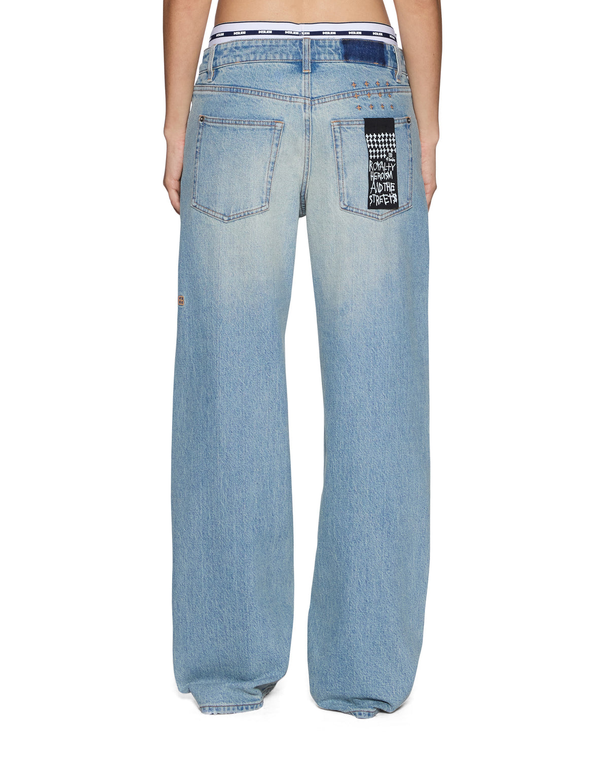 Womens Low Rider Boxer Traveller Blue Plaid Relaxed Denim Jeans - Denim