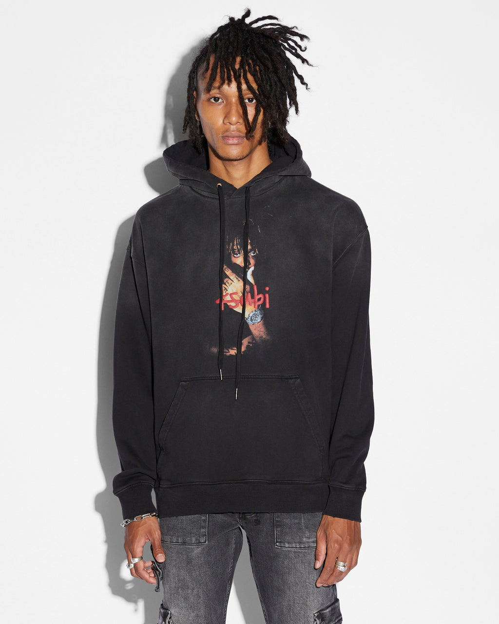 Mens 999 Juice Wrld Biggie Hoodie Jet Black Fade Oversized Fleece - Black