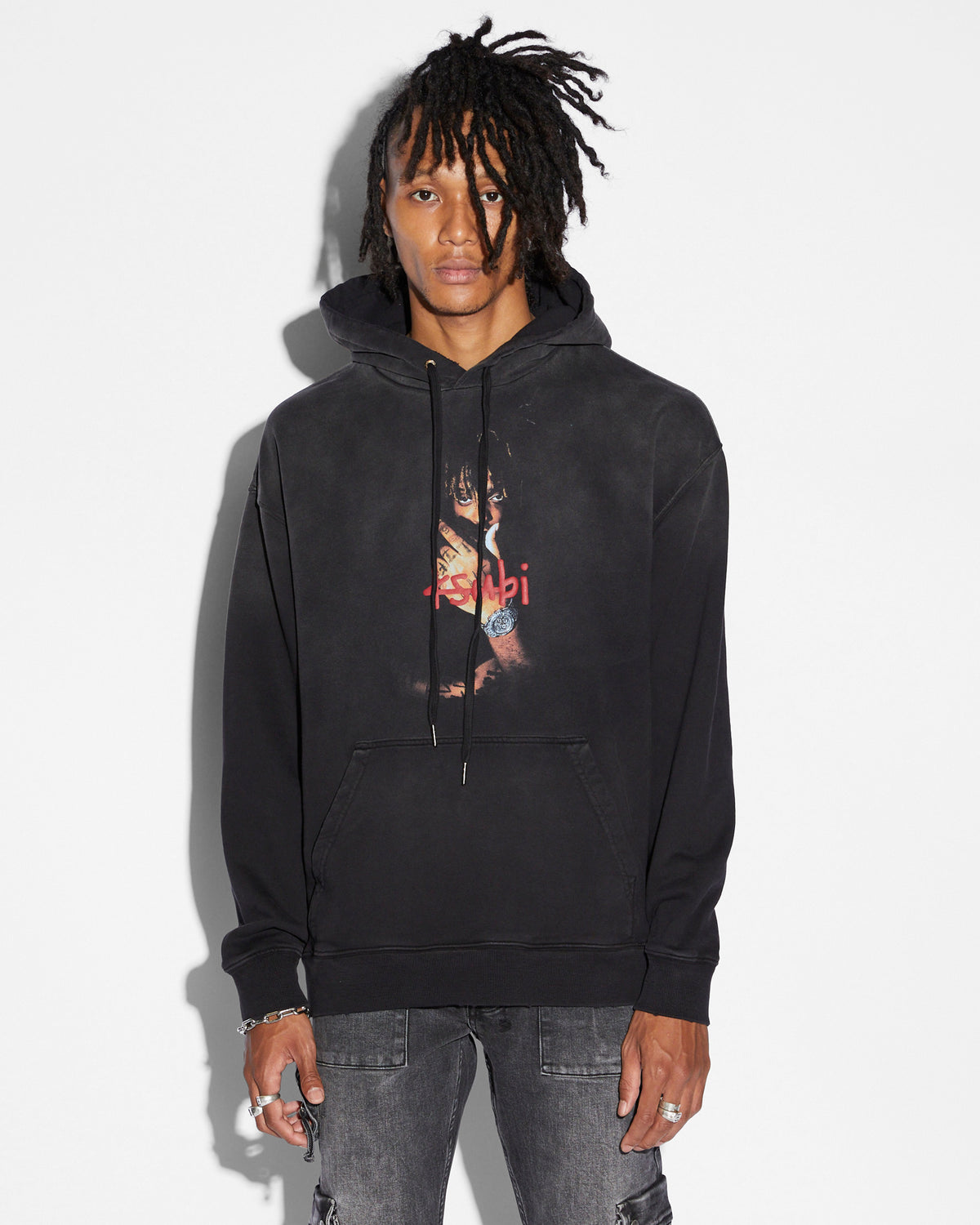 Mens 999 Juice Wrld Biggie Hoodie Jet Black Fade Oversized Fleece - Black