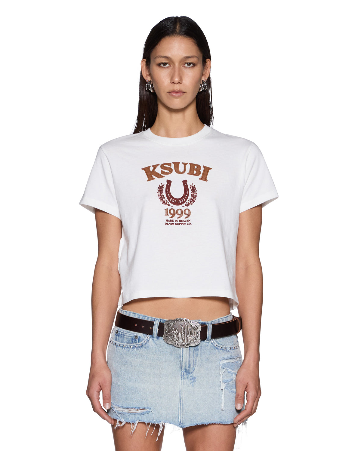 Womens Ksubi Ranch Shrunken Ss Tee Vintage White Fitted Tees - Beige