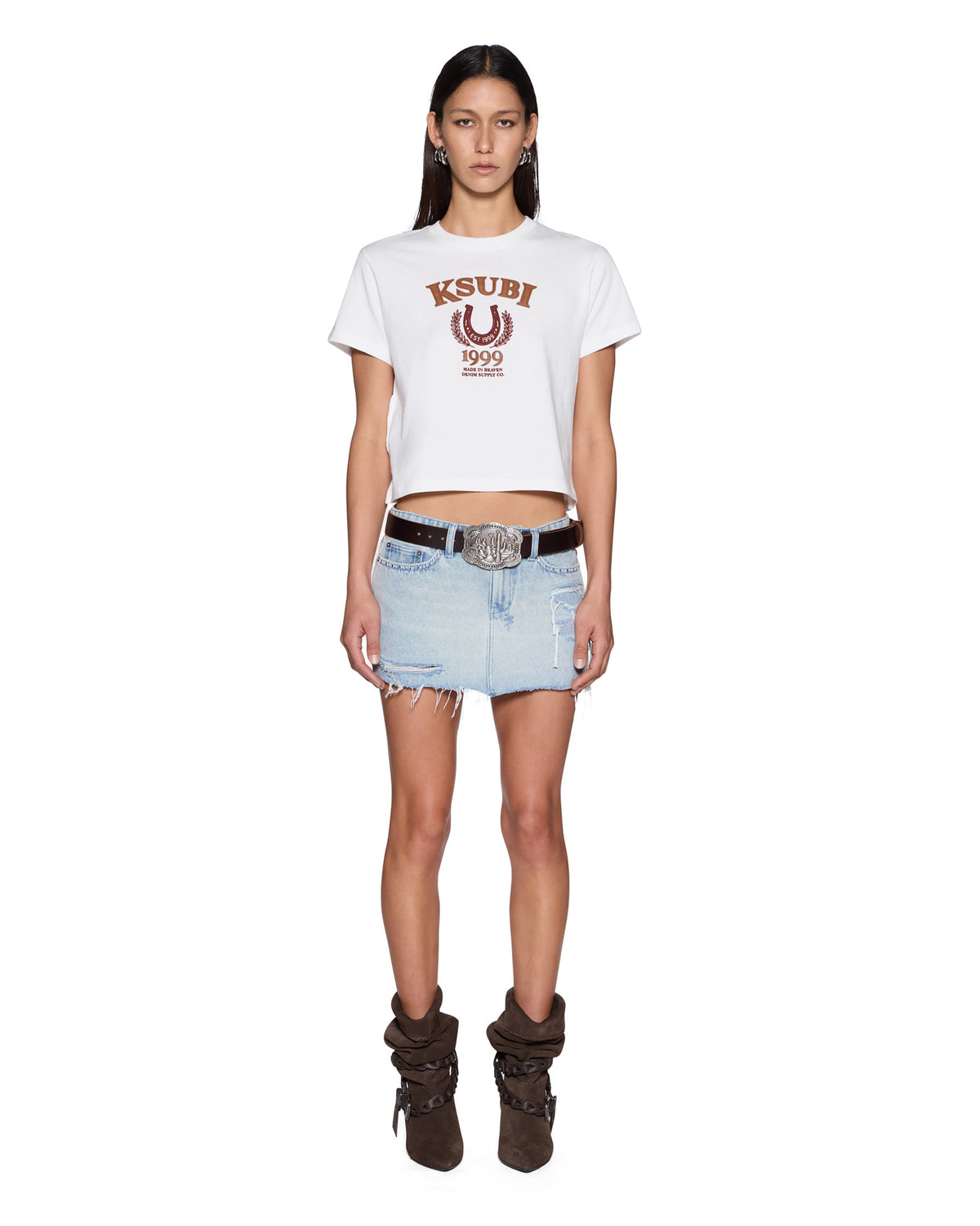 Womens Ksubi Ranch Shrunken Ss Tee Vintage White Fitted Tees - Beige