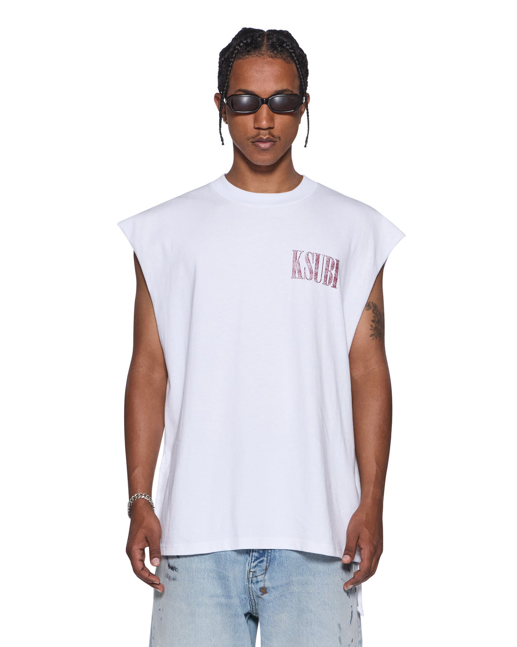 Mens Realm Cut Off Tru White Oversized Tees - White