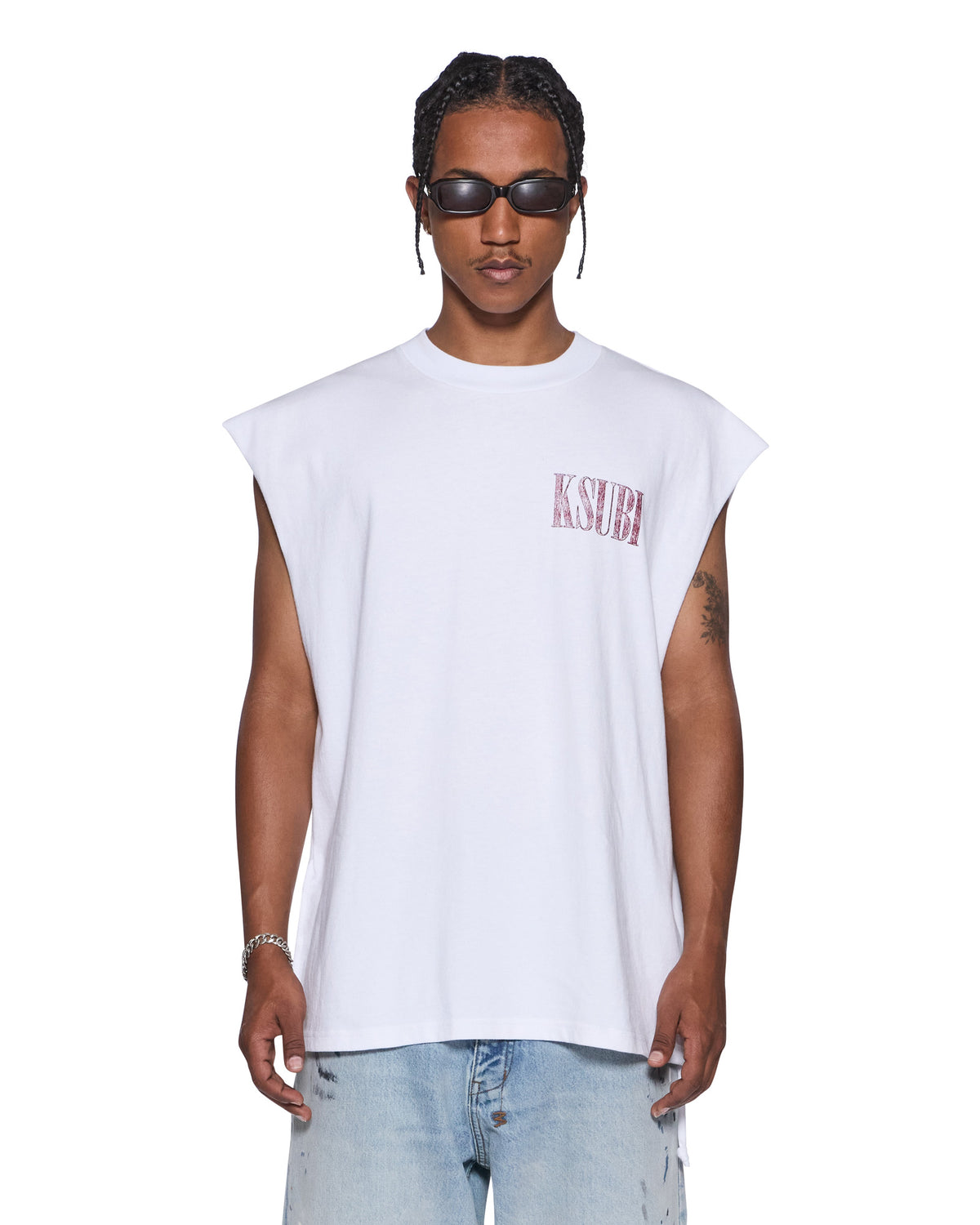 Mens Realm Cut Off Tru White Oversized Tees - White