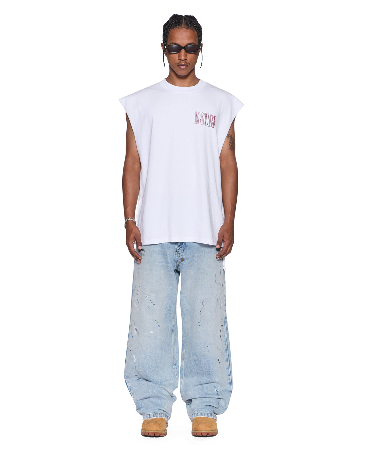 Mens Realm Cut Off Tru White Oversized Tees - White
