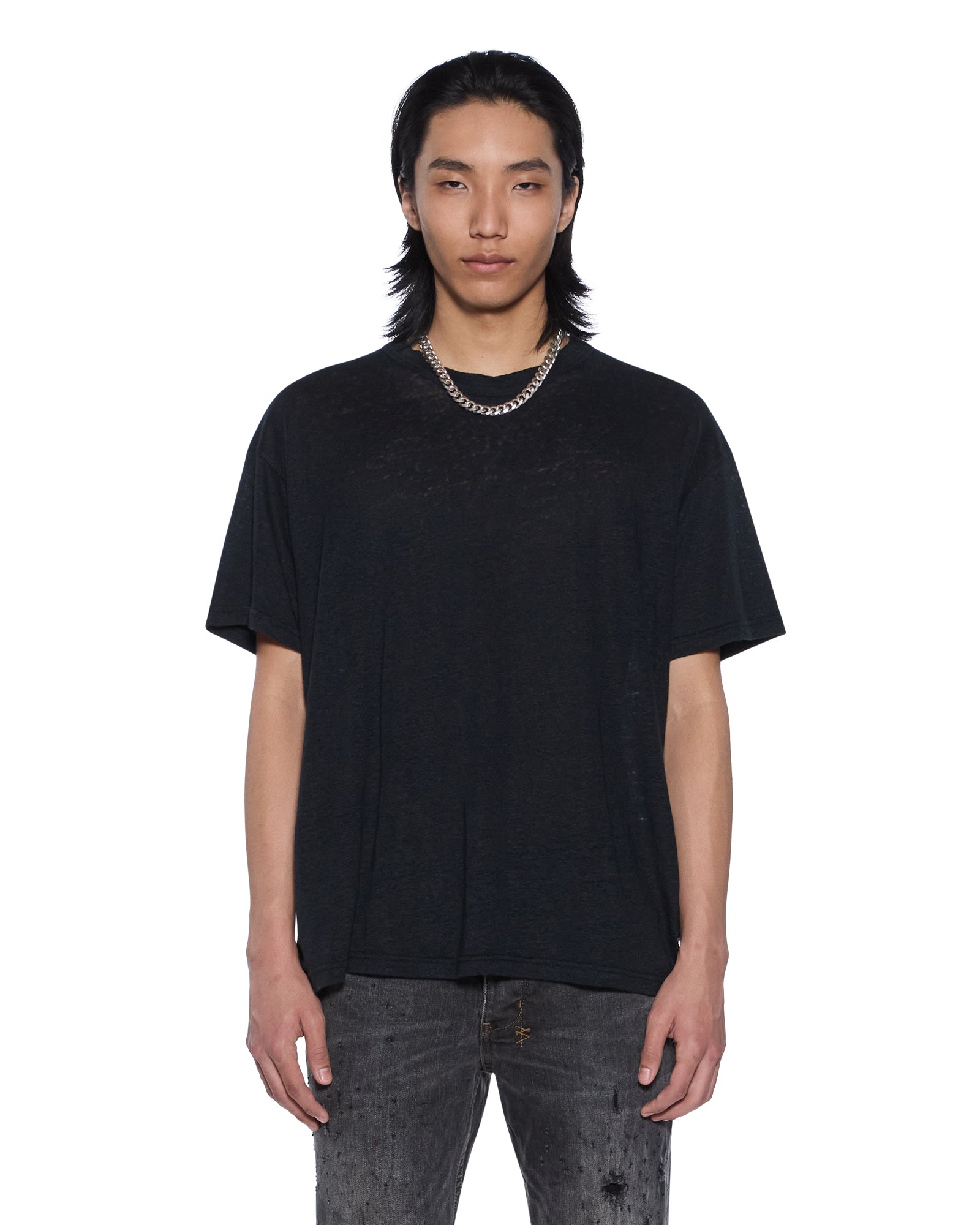 MENS SID LINEN SS TEE JET BLACK SLIM TEES