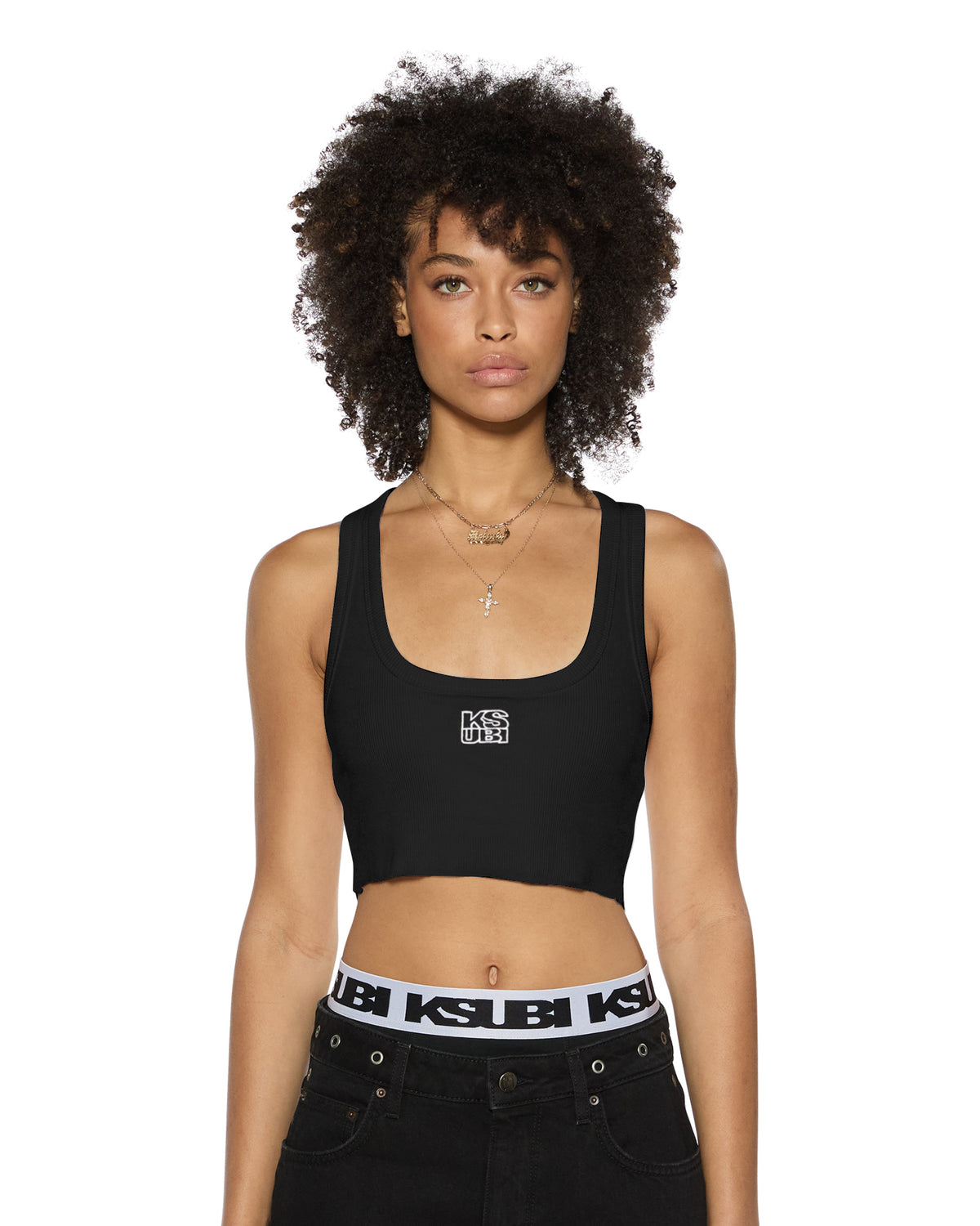 Womens Stacked Origin Crop Black Fitted Fashion Tops - Black