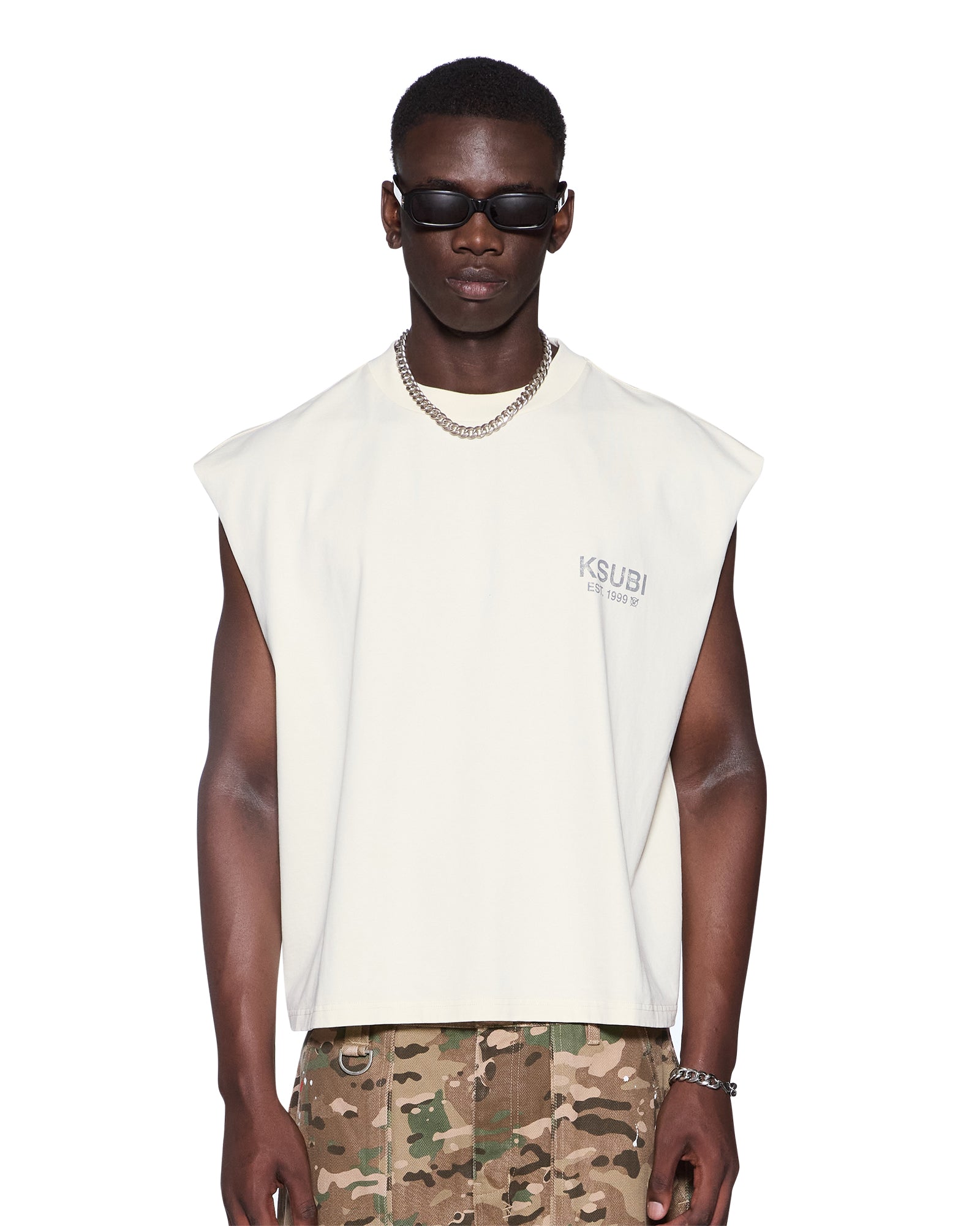 Mens State Halen Cut Off Ecru Tees | Ksubi ++