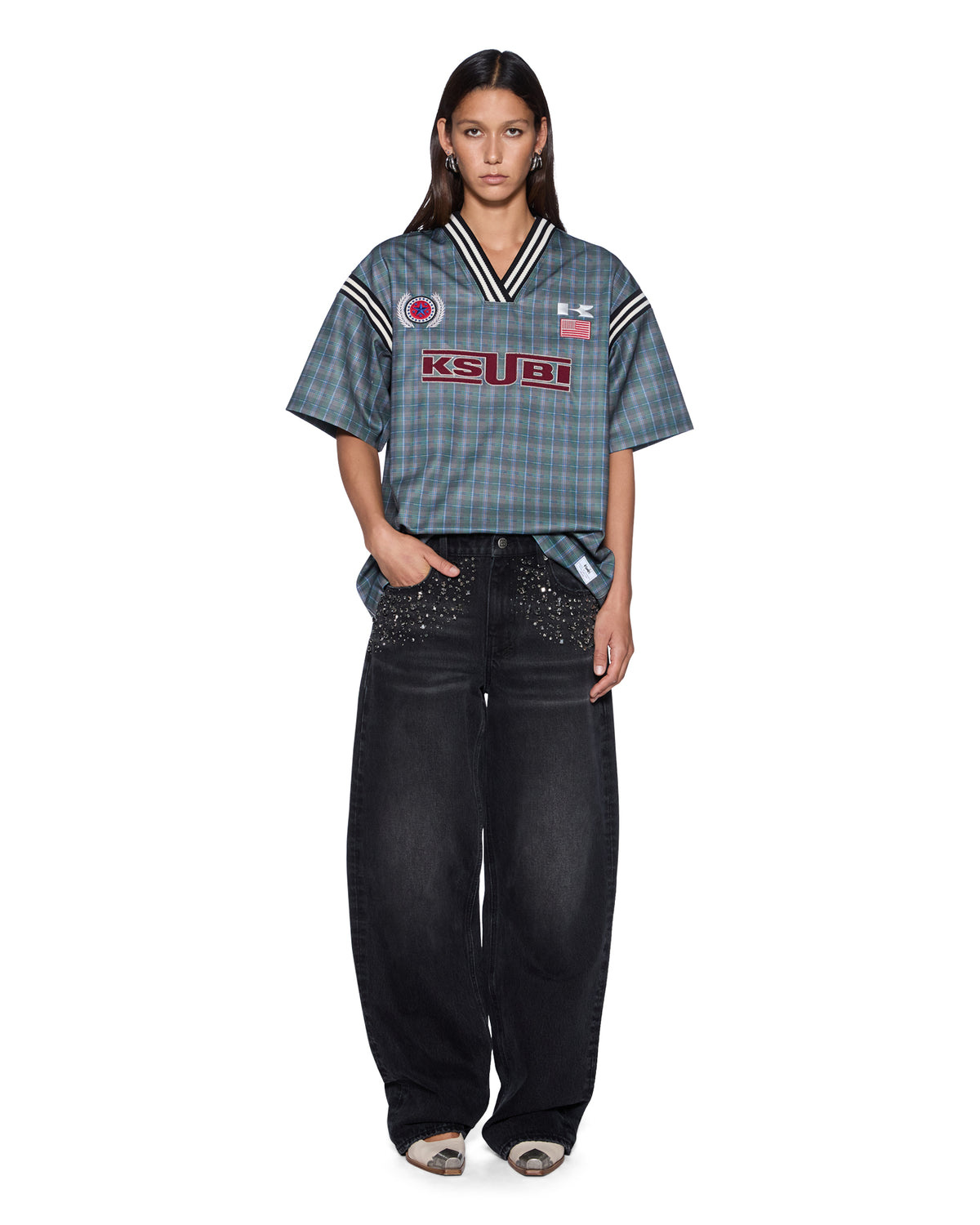 Womens Union Jersey Hunter Plaid Boxy Fashion Tops - Green