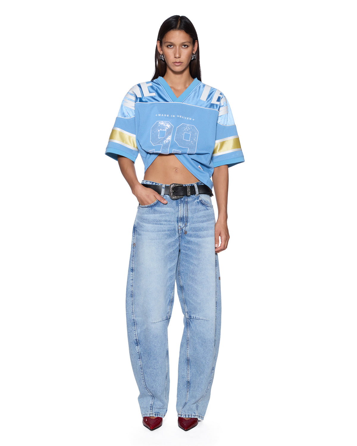 Womens 99 Spark Jersey Azure Yellow Boxy Fashion Tops - Blue