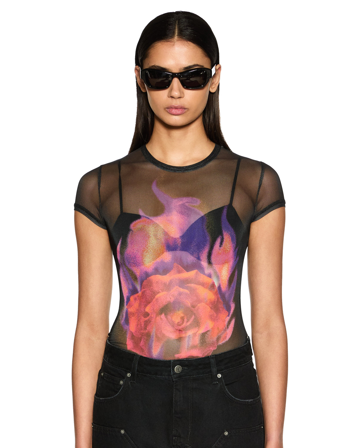 Womens Ablaze Mesh Ss Tee Black Fitted Fashion Tops - Black