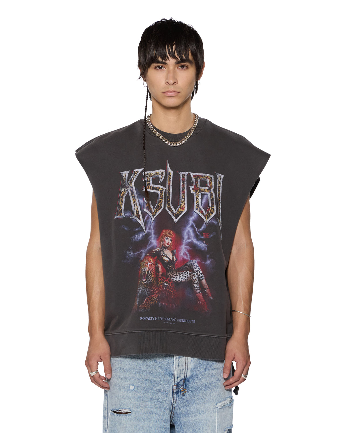 Mens Kingdom Slash Crew Faded Black Oversized Fleece - Black