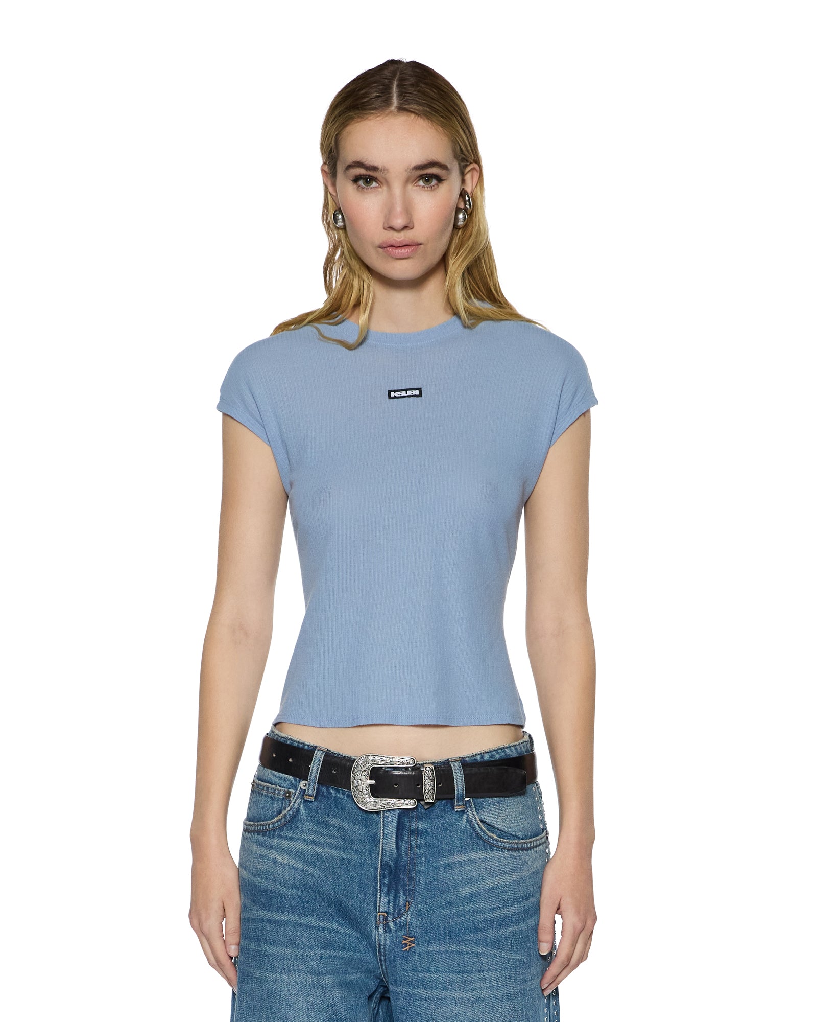 WOMENS  STAPLE SS TEE ICE BLUE SHEER SLIM FASHION TOPS
