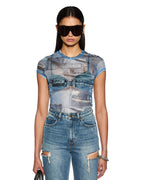 Womens Studio Mesh Ss Tee Fitted Fashion Tops - Denim
