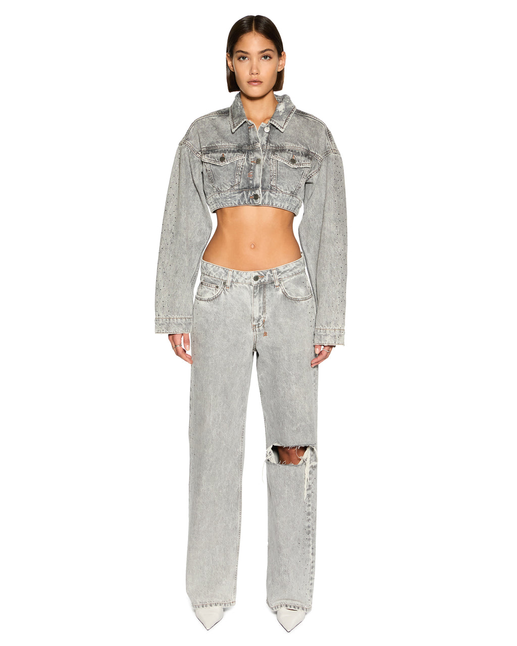 Womens Supercrop Trucker Dime Krystal Cropped Jackets - Grey