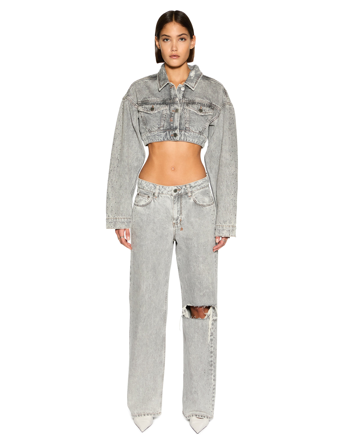 Womens Supercrop Trucker Dime Krystal Cropped Jackets - Grey