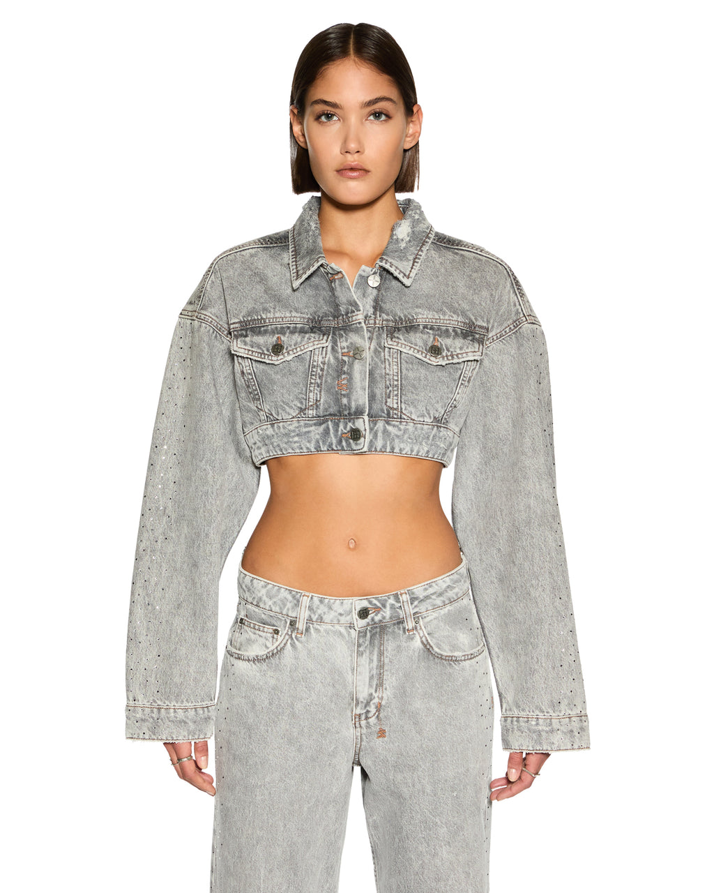Womens Supercrop Trucker Dime Krystal Cropped Jackets - Grey