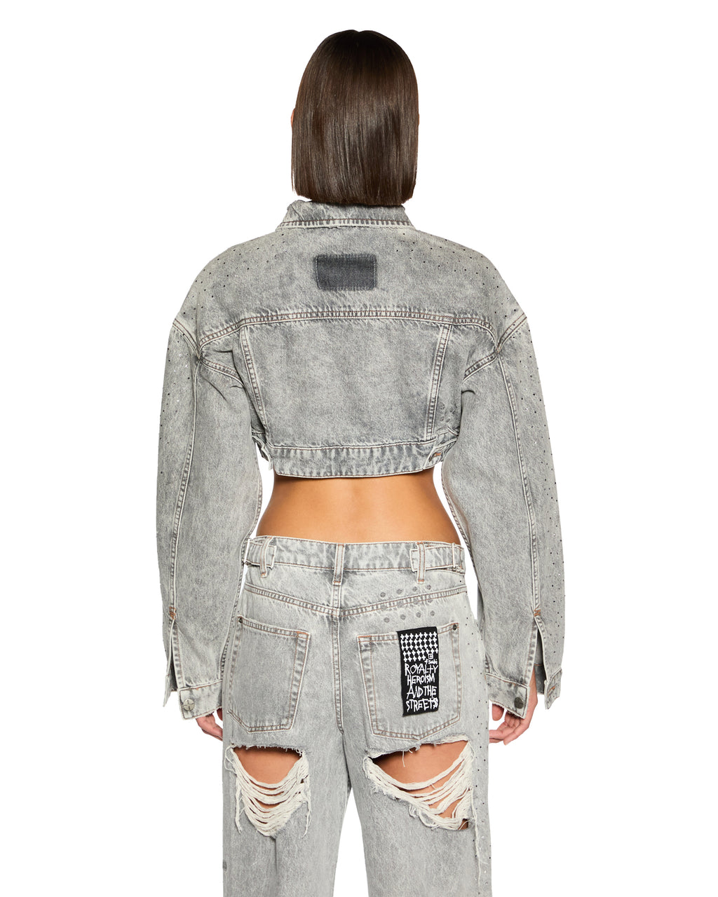 Womens Supercrop Trucker Dime Krystal Cropped Jackets - Grey